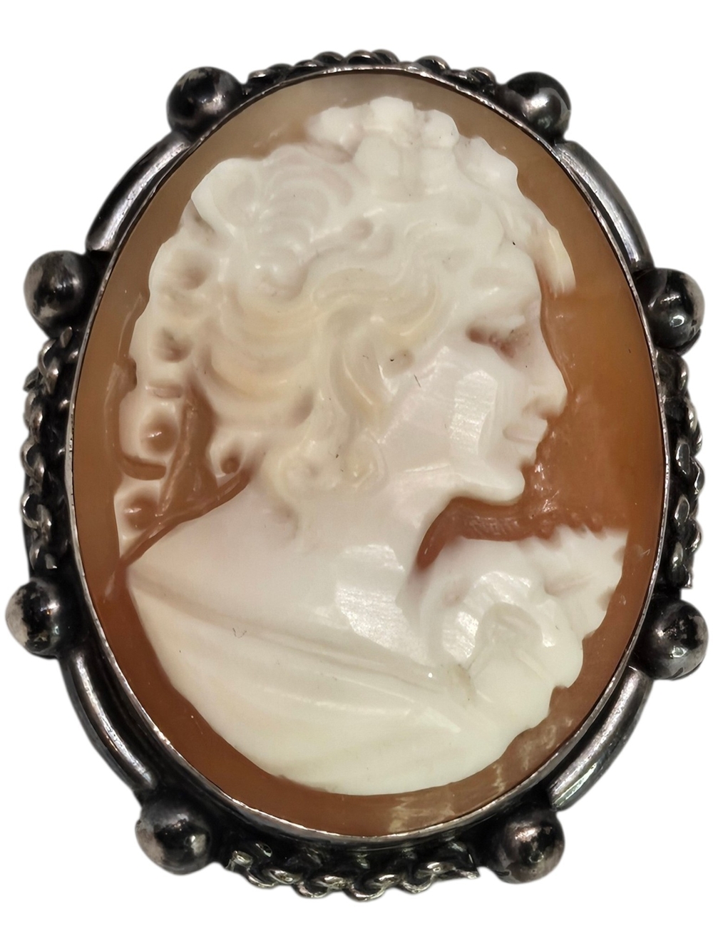 Cameo STERLING Silver 925 White and Camel Oval Carved Brooch